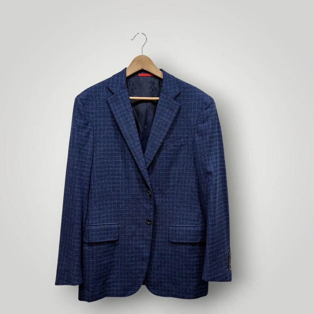 Isaia Napoli Blue Wool Silk Cashmere Check Sport Coat Blazer Made‎ in Italy 52R